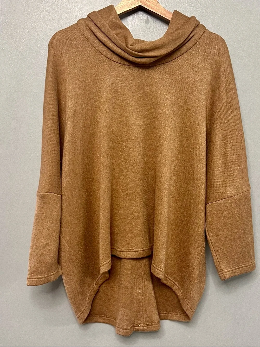 Boho Chic Camel Color Soft Sweater W/ Button Accents & Cowl Neck Size Medium
